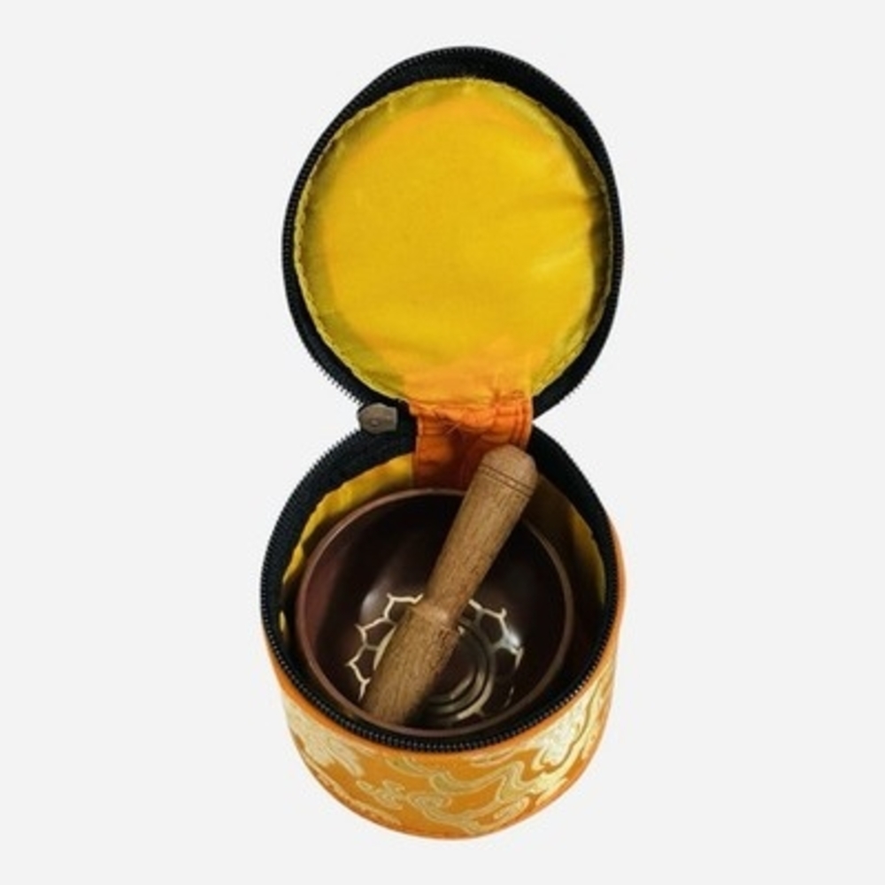 Handmade Tibetan Chakra Singing Bowl Set Mallet Brocade Silk Case Meditation VG - Picture 3 of 4